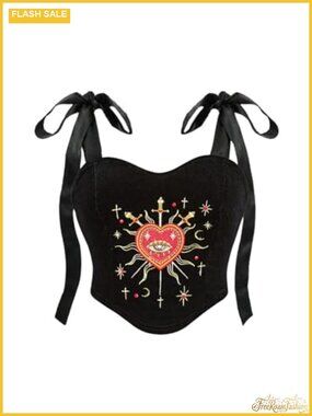 Velvet Embroidered Tie Strap Corset Bustier Plus Size Gothic Crop Cami